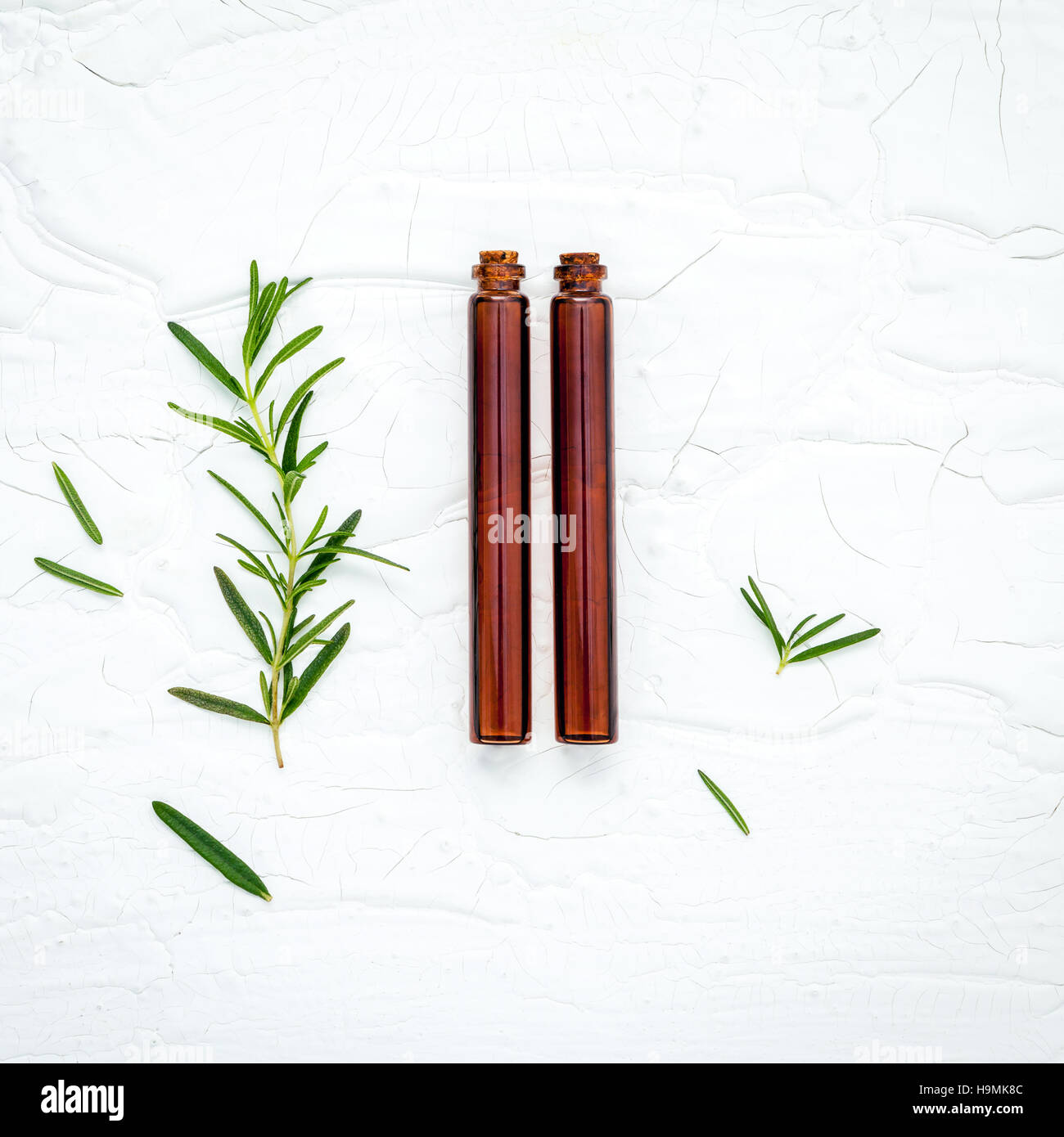 Fresh branch of rosemary  with bottle essential oil setup on whi Stock Photo