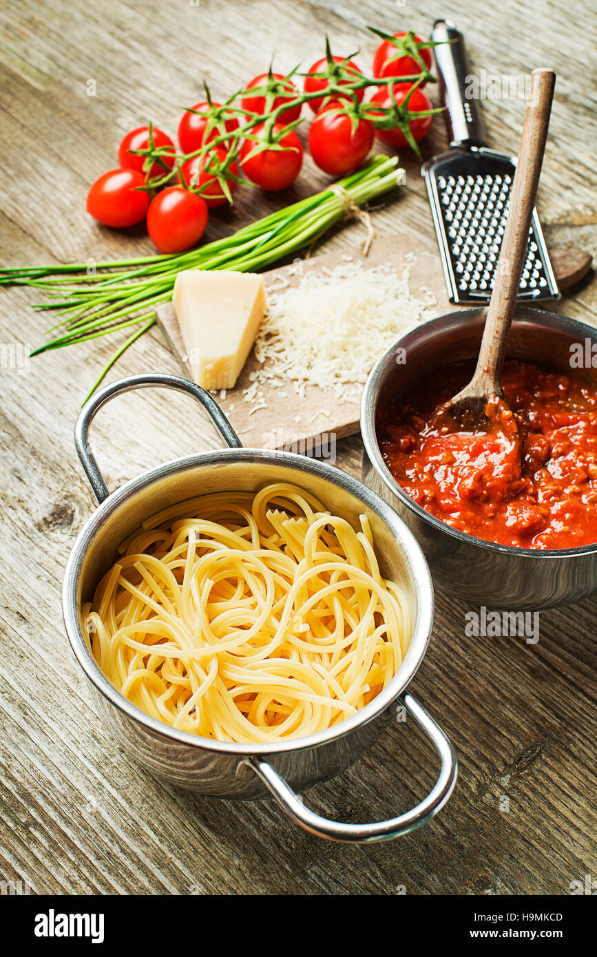 Spaghetti and bolognese sauce with parmesan cheese Stock Photo