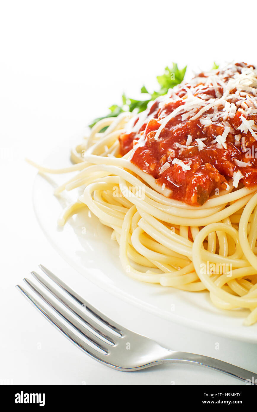 Pasta with bolognese sauce and parmesan cheese Stock Photo