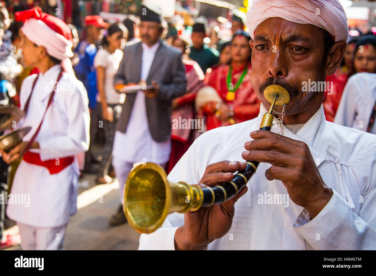 Traditional musician during Dashain festival in Kathmandu, Nepal Stock Photo