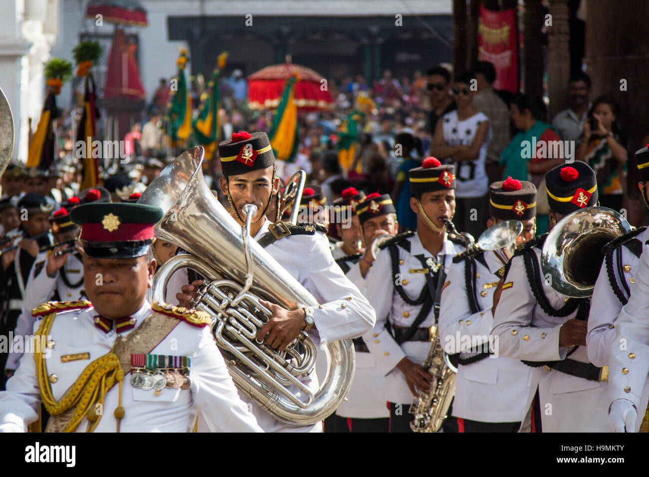 Ceremonial marching band in Durbar Square during Dashain festival in Kathmandu, Nepal Stock Photo