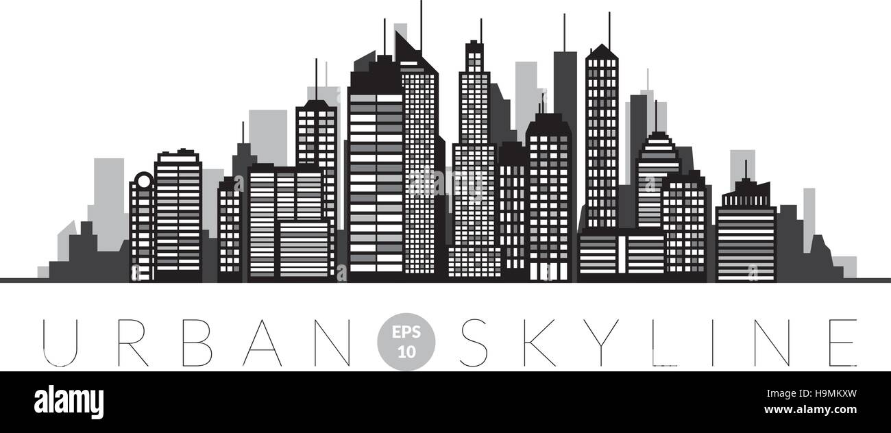 Abstract urban skyline with skyscrapers and tall buildings in shades of gray Stock Vector