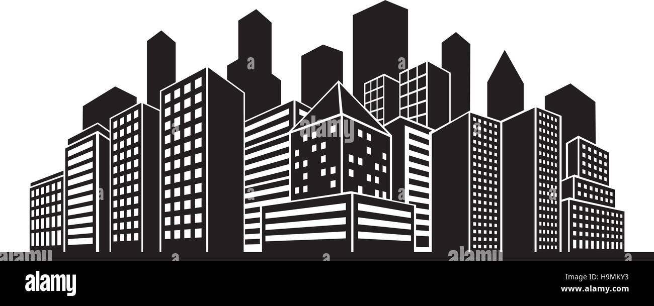 Vector silhouette of city with tall buildings and skyscrapers Stock Vector