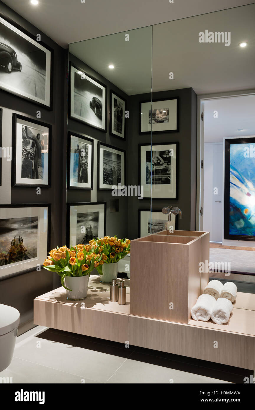 Black and white prints with mirrored wall in bathroom of showflat  by Collett-Zarzycki, property development by Richard Rogers Stock Photo