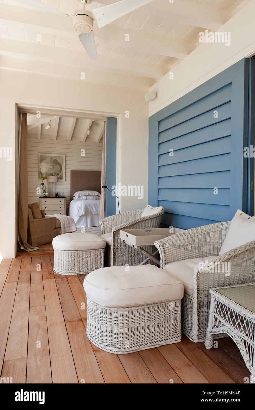 Balcony terrace seating,  luxury accommodation, West Indies, Caribbean Stock Photo