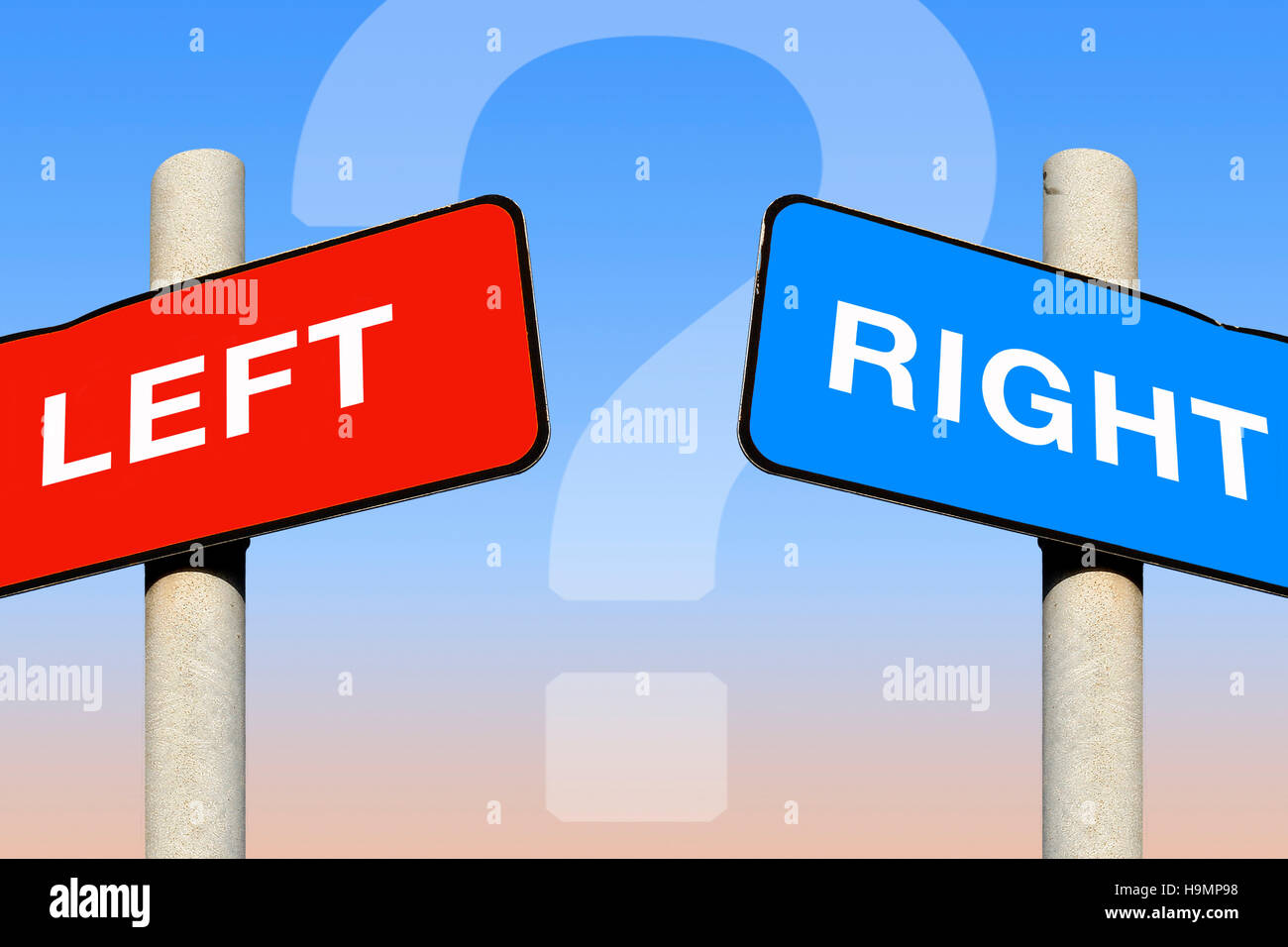 Political left and right signs with a question mark against a blue sky