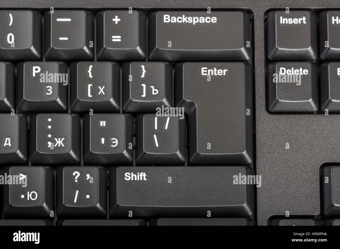 Electronic collection - close-up black computer keyboard with russian letter and key enter Stock Photo