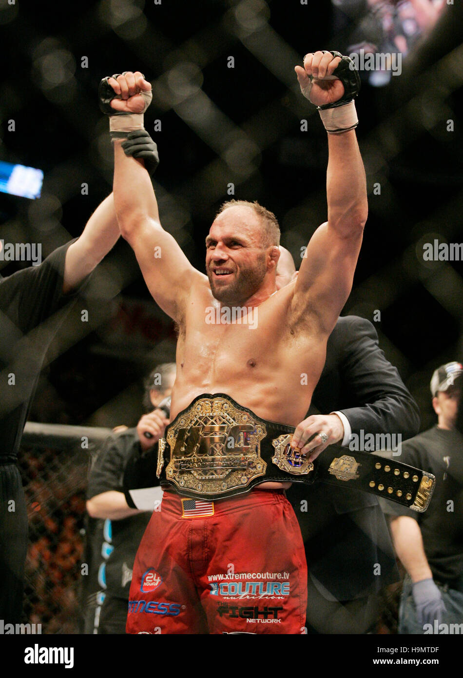 Randy Couture celebrates his victory over Tim Sylvia during Ultimate Fighting Championship UFC 68 at the Nationwide Arena in Columbus, OH on March 3, 2007. Photo credit: Francis Specker Stock Photo