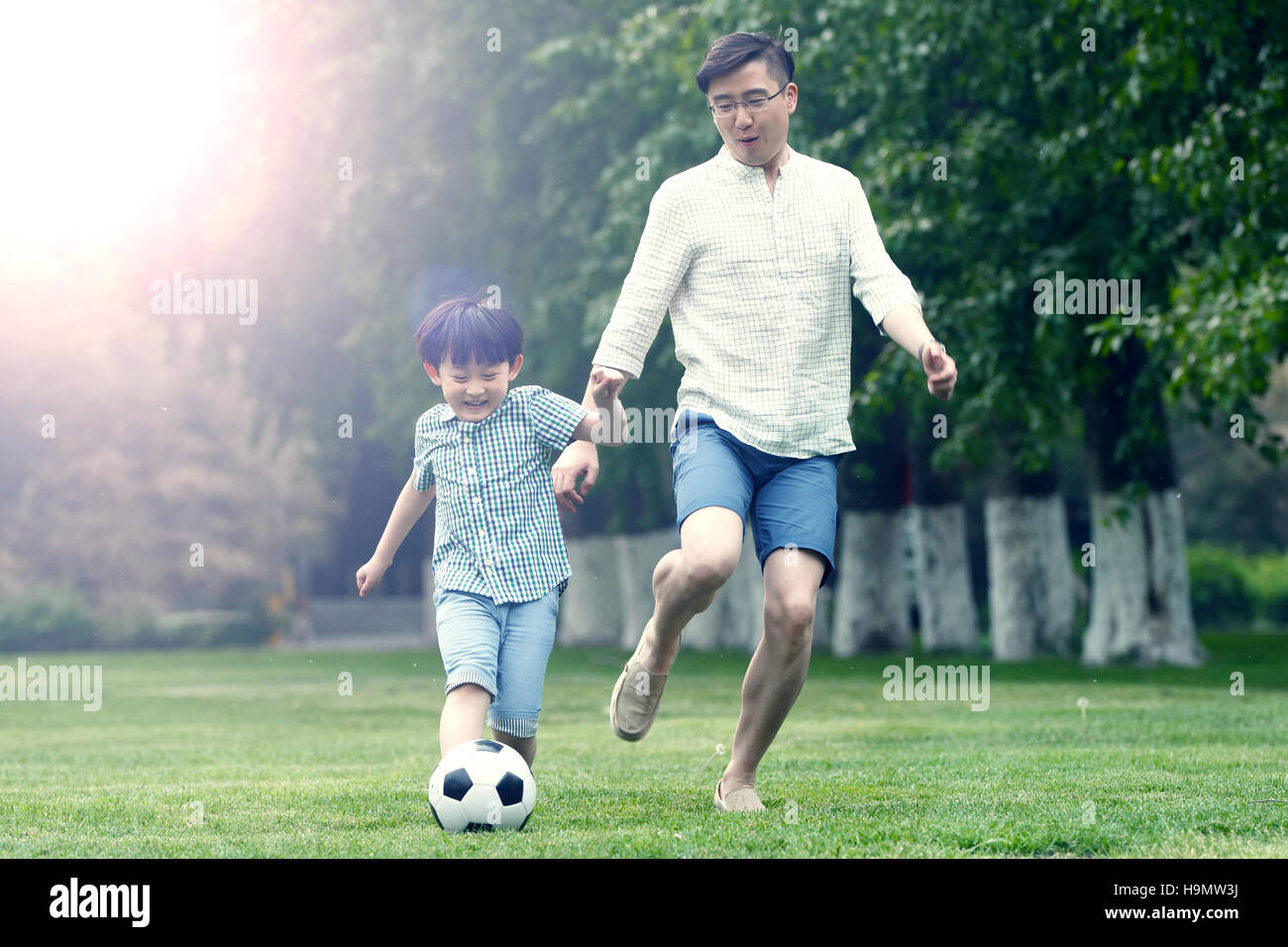 Happy father and son play football on the grass Stock Photo - Alamy