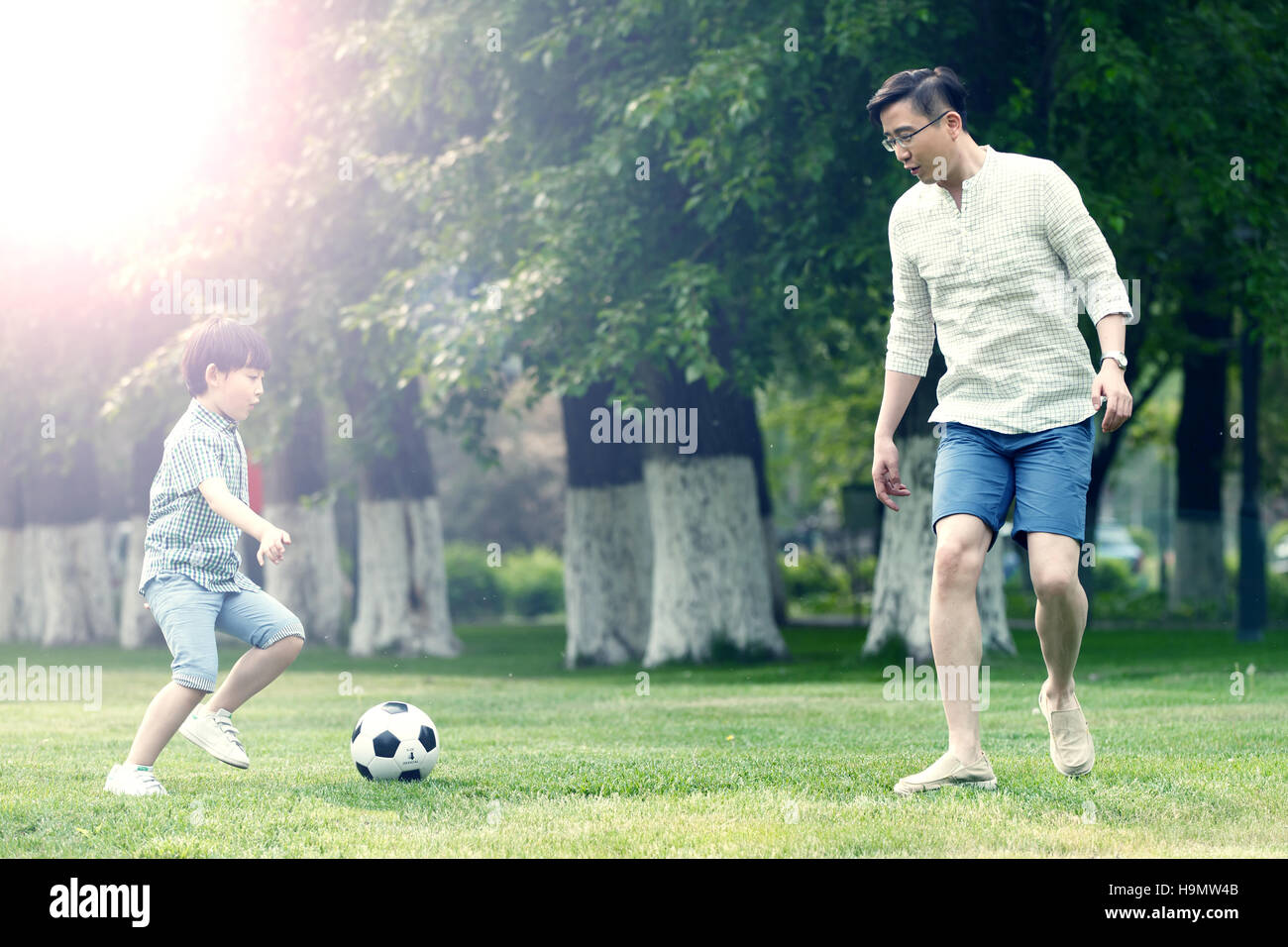 Happy father and son play football on the grass Stock Photo - Alamy