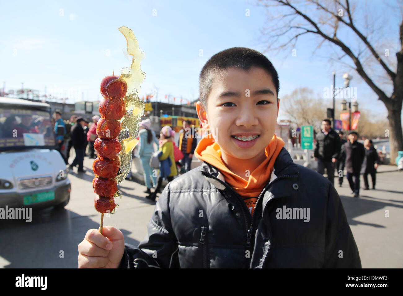 Happy boy holding Tomatoes on sticks Stock Photo - Alamy