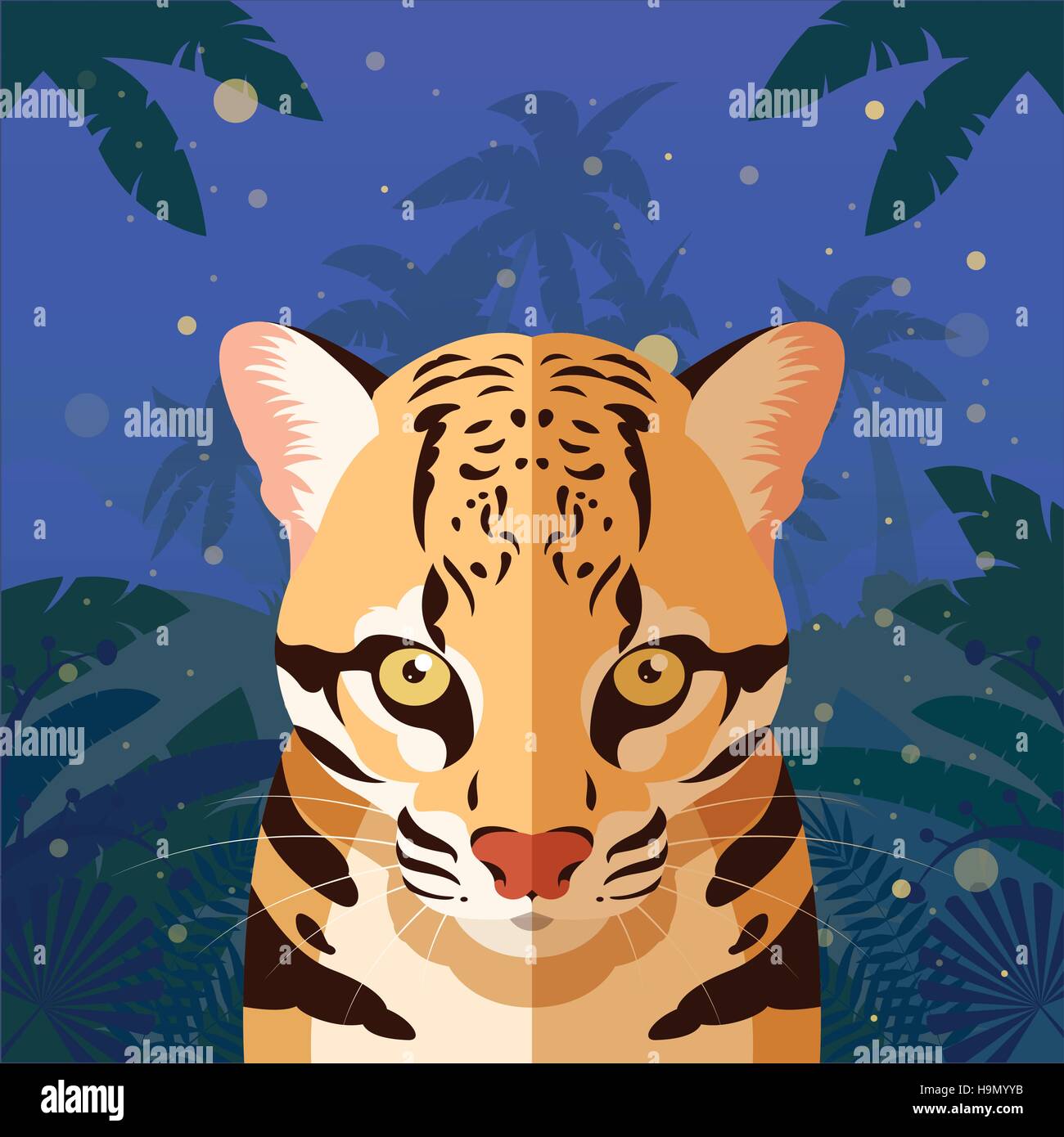 Flat Vector image of the Ocelot on the Jungle Background Stock Vector