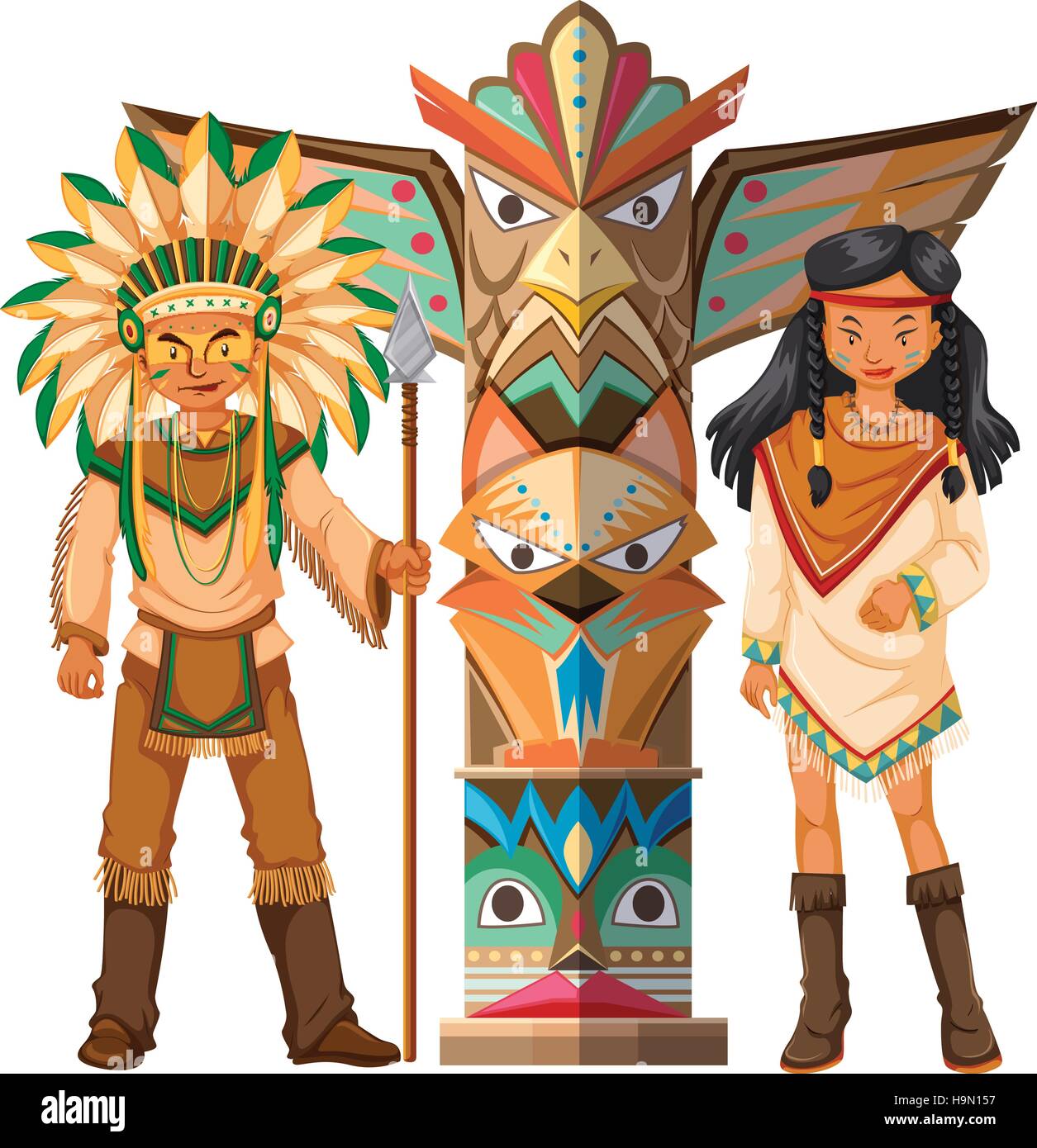 Native american indians and totem pole illustration Stock Vector