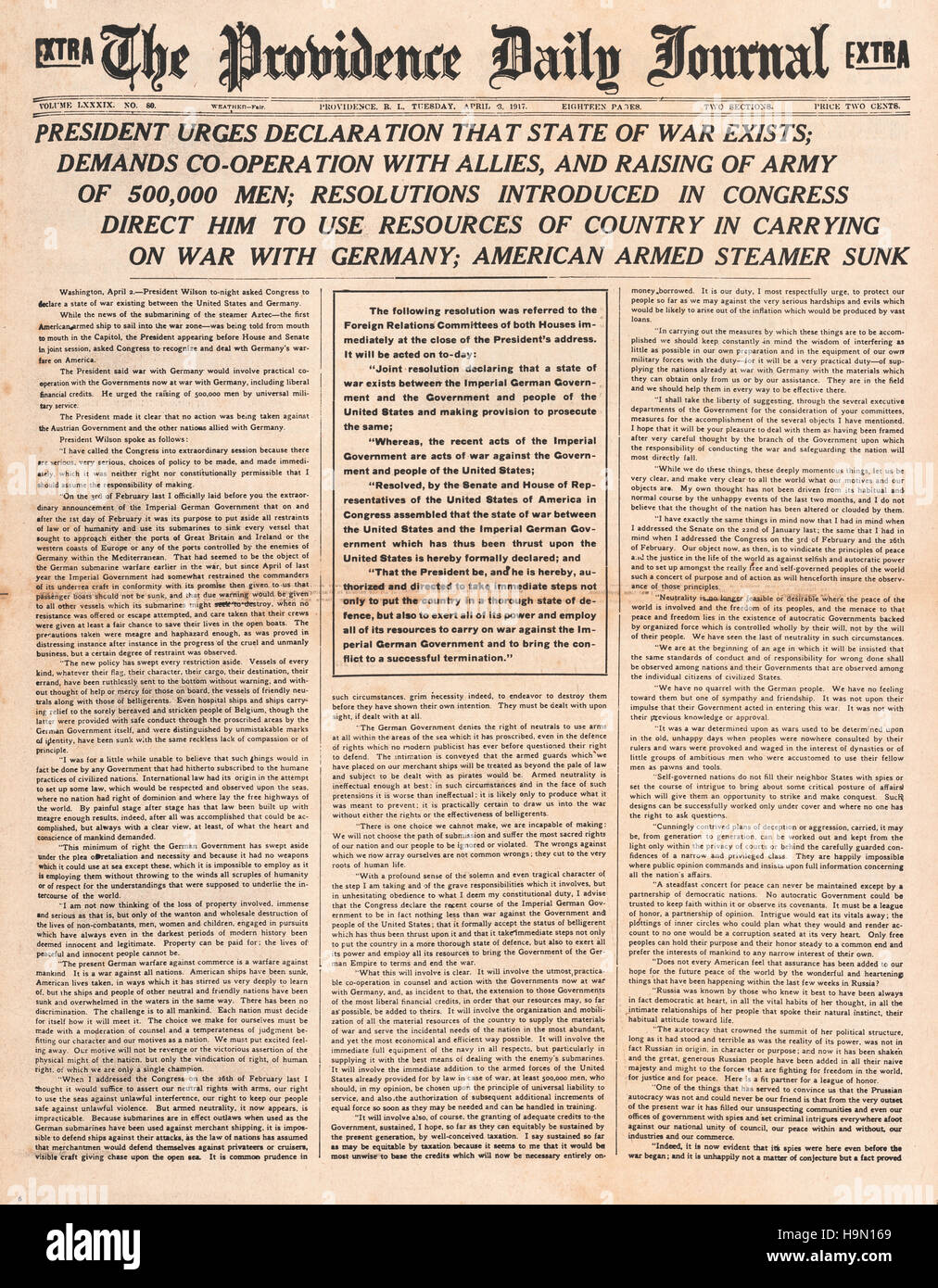 1917 Providence Daily Journal front page reporting U.S. President 
