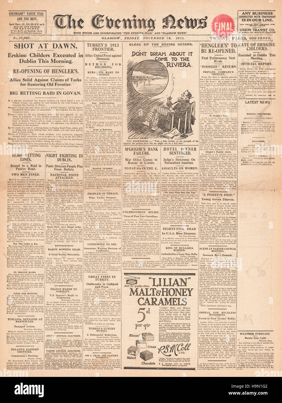 1922 Evening News front page (Glasgow) Execution of Irish Nationalist Robert Erskine Childers Stock Photo