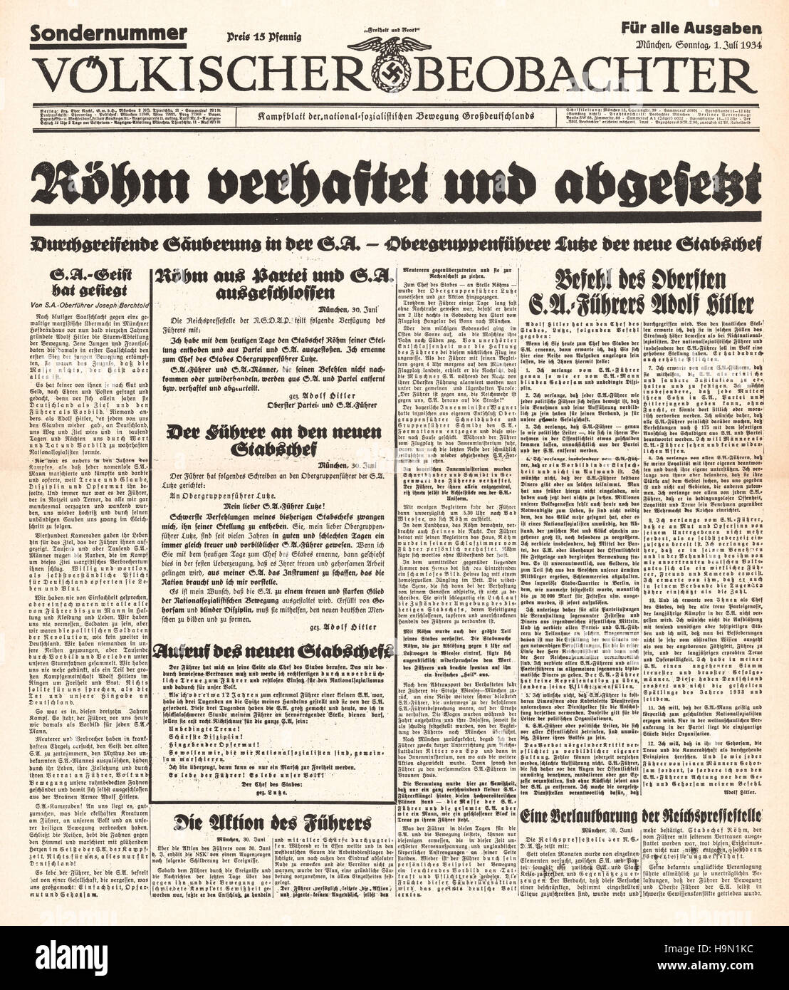 1938 Völkischer Beobachter front page reporting S.A. leader Ernst Röhm executed Stock Photo