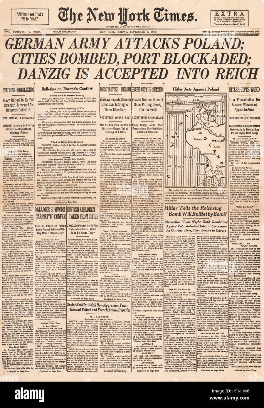 1939 New York Times front page reporting the German invasion of Poland Stock Photo