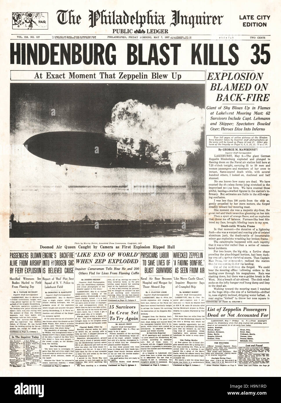 1937 The Philadelphia Inquirer (USA) front page reporting the Hindenburg zeppelin disaster at Lakehurst, New Jersey Stock Photo