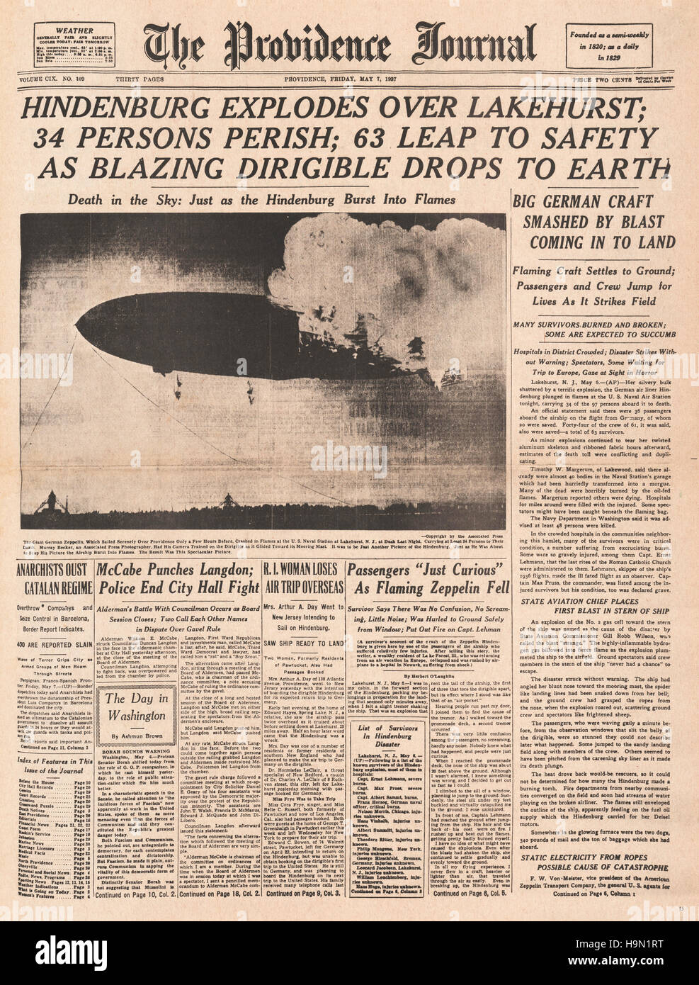 1937 The Providence Journal  (USA) front page reporting the Hindenburg zeppelin disaster at Lakehurst, New Jersey Stock Photo