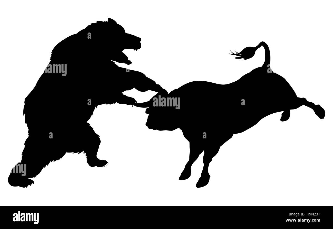 Bear fighting bull in silhouette, standing for the bears versus bulls stock market metaphor in silhouette Stock Photo