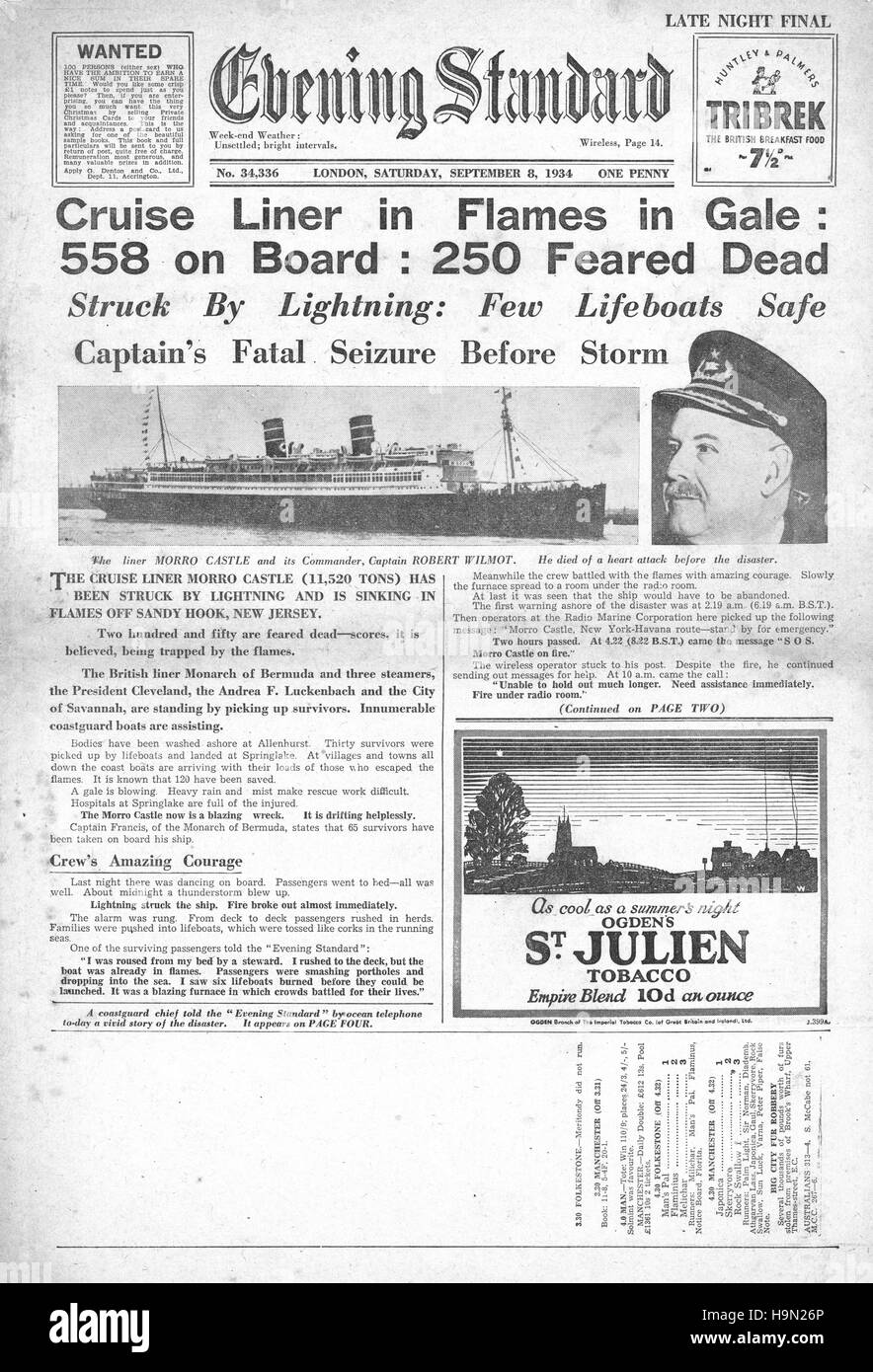 1934 Evening Standard (London) front page reporting the passenger liner Morro Castle disaster Stock Photo