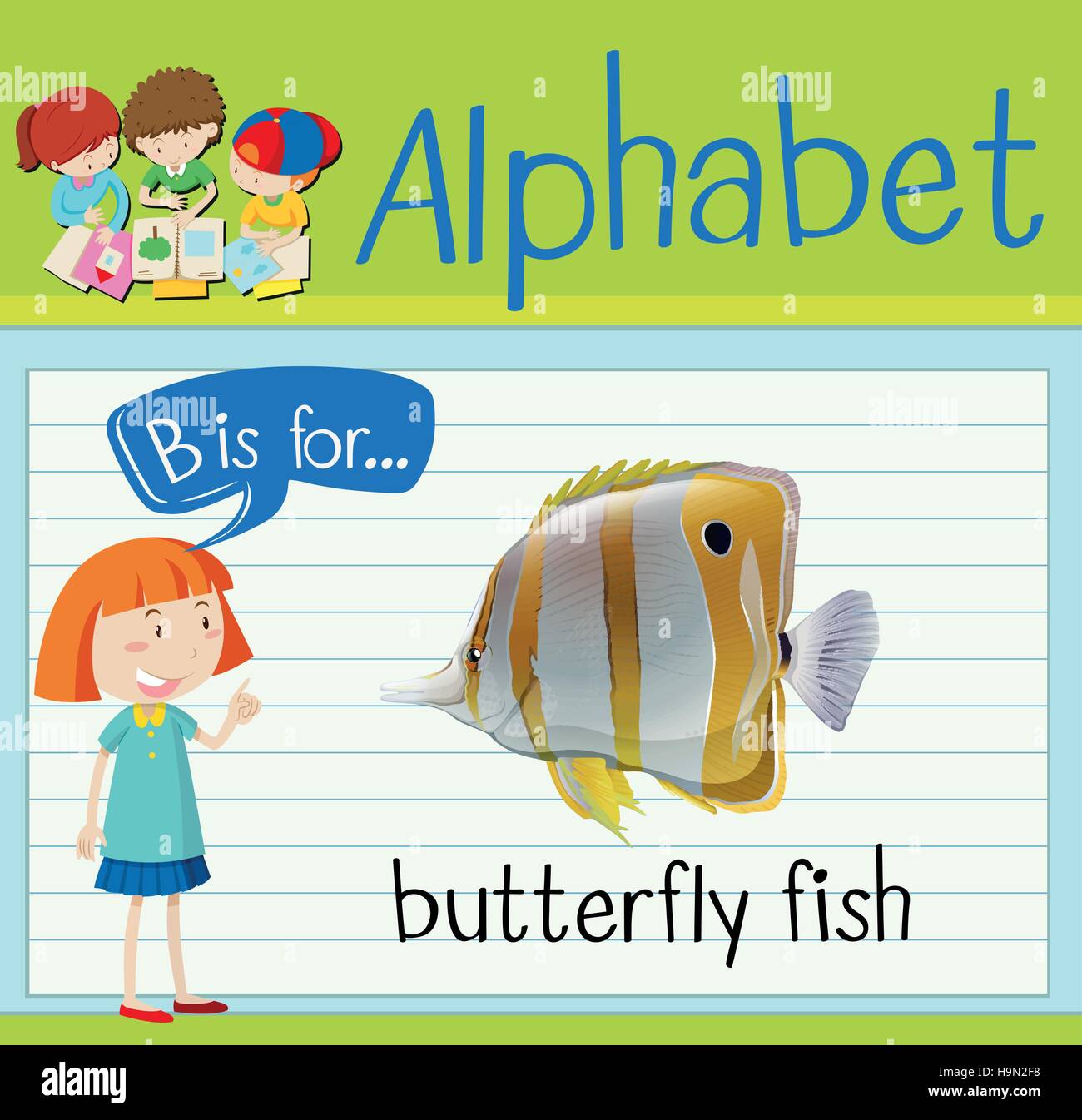 Flashcard letter B is for butterfly fish illustration Stock Vector
