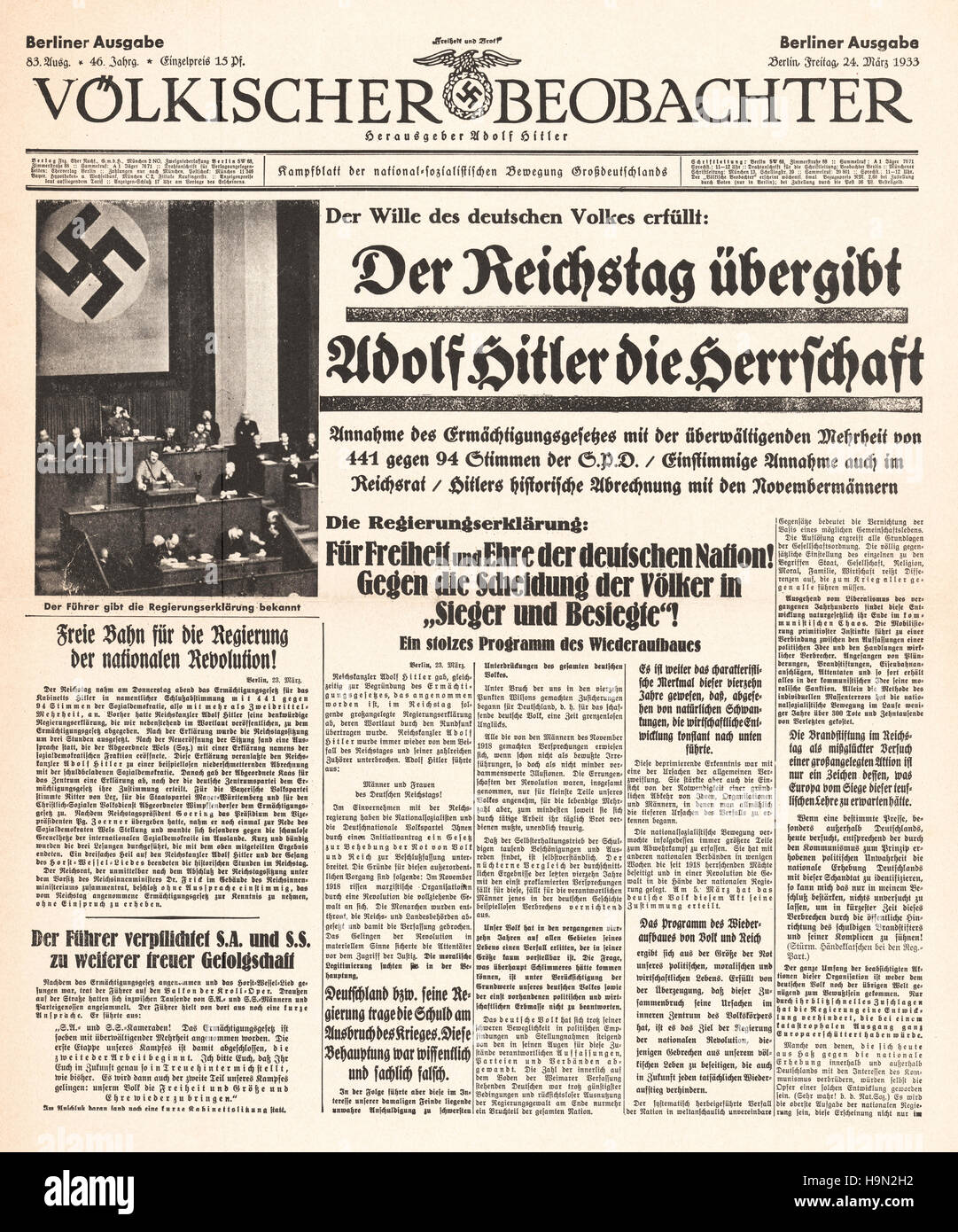 1933 Völkischer Beobachter front page Reichstag votes to transfer rule to Adolf Hitler Stock Photo