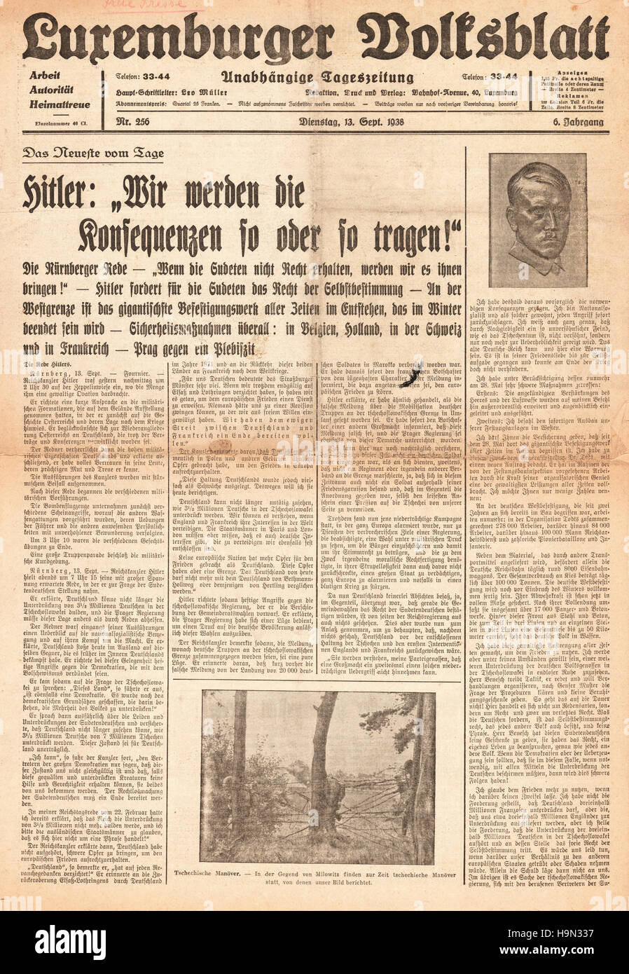 1938 Luxemburger Volksblatt front page Adolf Hitler speech in Nuremburg Stock Photo