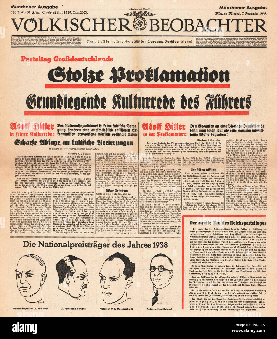 1938 Völkischer Beobachter front page Adolf Hitler speech in Nuremburg Stock Photo