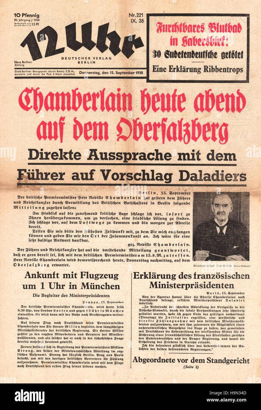 1938 12 Uhr (Germany) Chamberlain to meet Hitler for peace talks Stock Photo