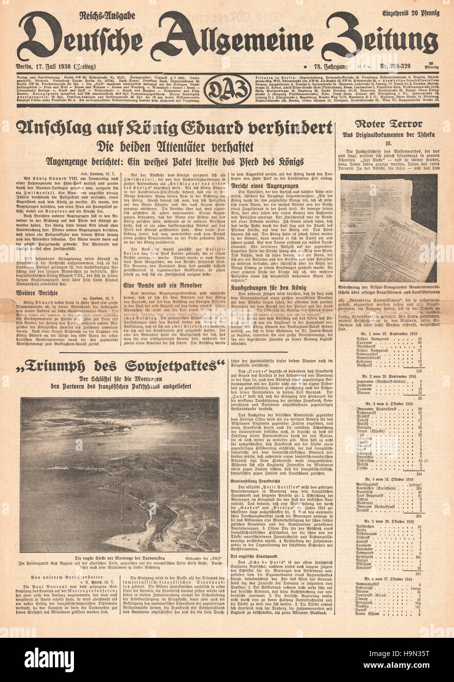 1936 Deutsche Allgemeine Zeitung front page reporting Attempted assasination on King Edward VIII by George McMahon Stock Photo