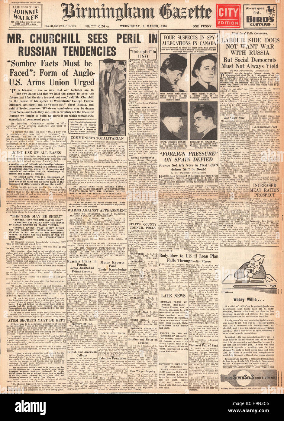 1946 Birmingham Gazette Churchill delivers 'Iron Curtain' speech at Westminster College, Fulton, Missouri Stock Photo