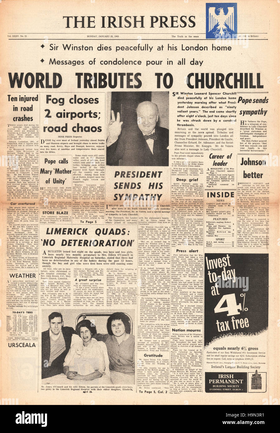 1965 Irish Press Death of Sir Winston Churchill Stock Photo