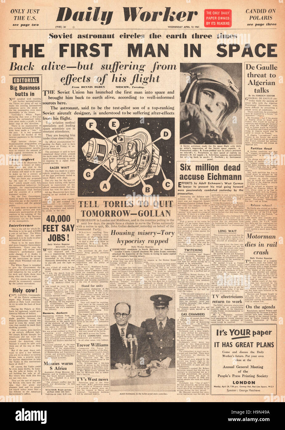 1961 Soviet newspaper front page Yuri Gagarin is first man in space Stock Photo