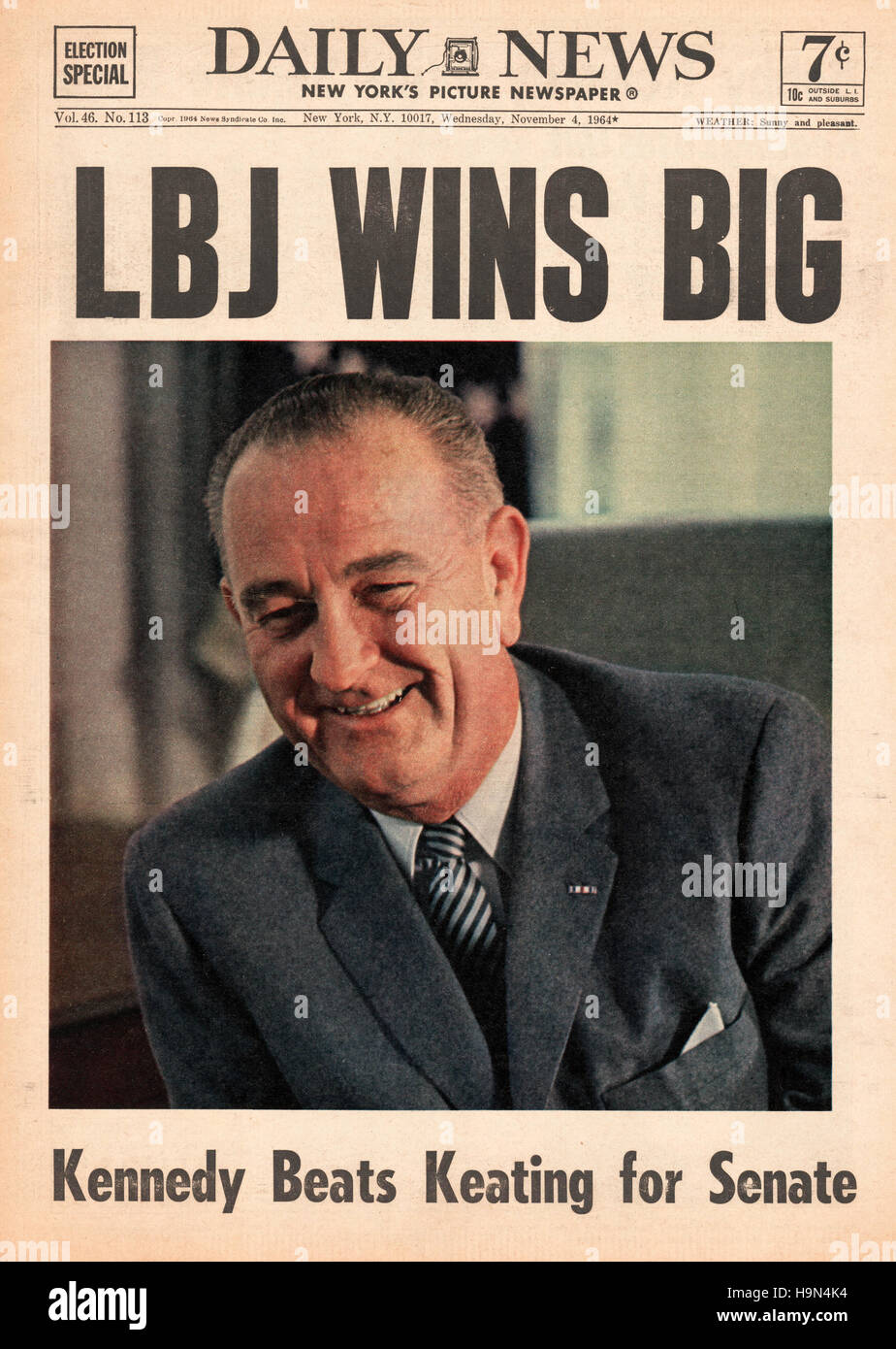 1964 Daily News (New York) Lyndon B Johnson elected 36th President of the United States Stock Photo
