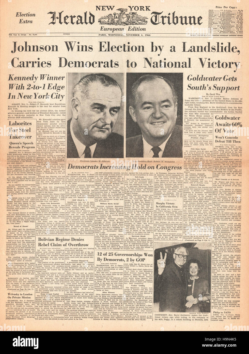 1964 New York Herald Tribune Lyndon B Johnson elected 36th President of the United States Stock Photo