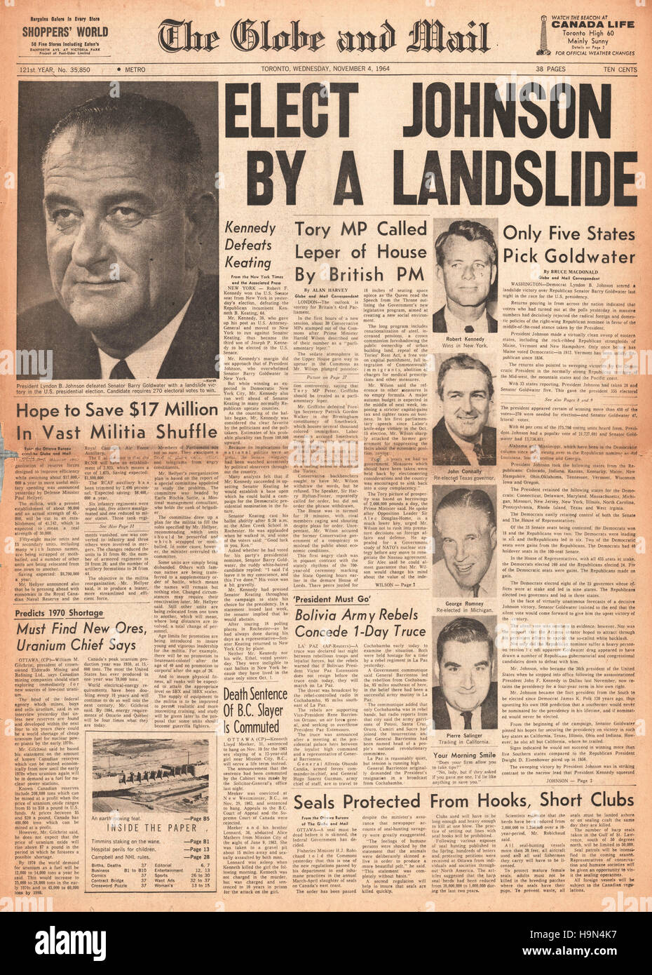 1964 Globe & Mail (Toronto) Lyndon B Johnson elected 36th President of the United States Stock Photo