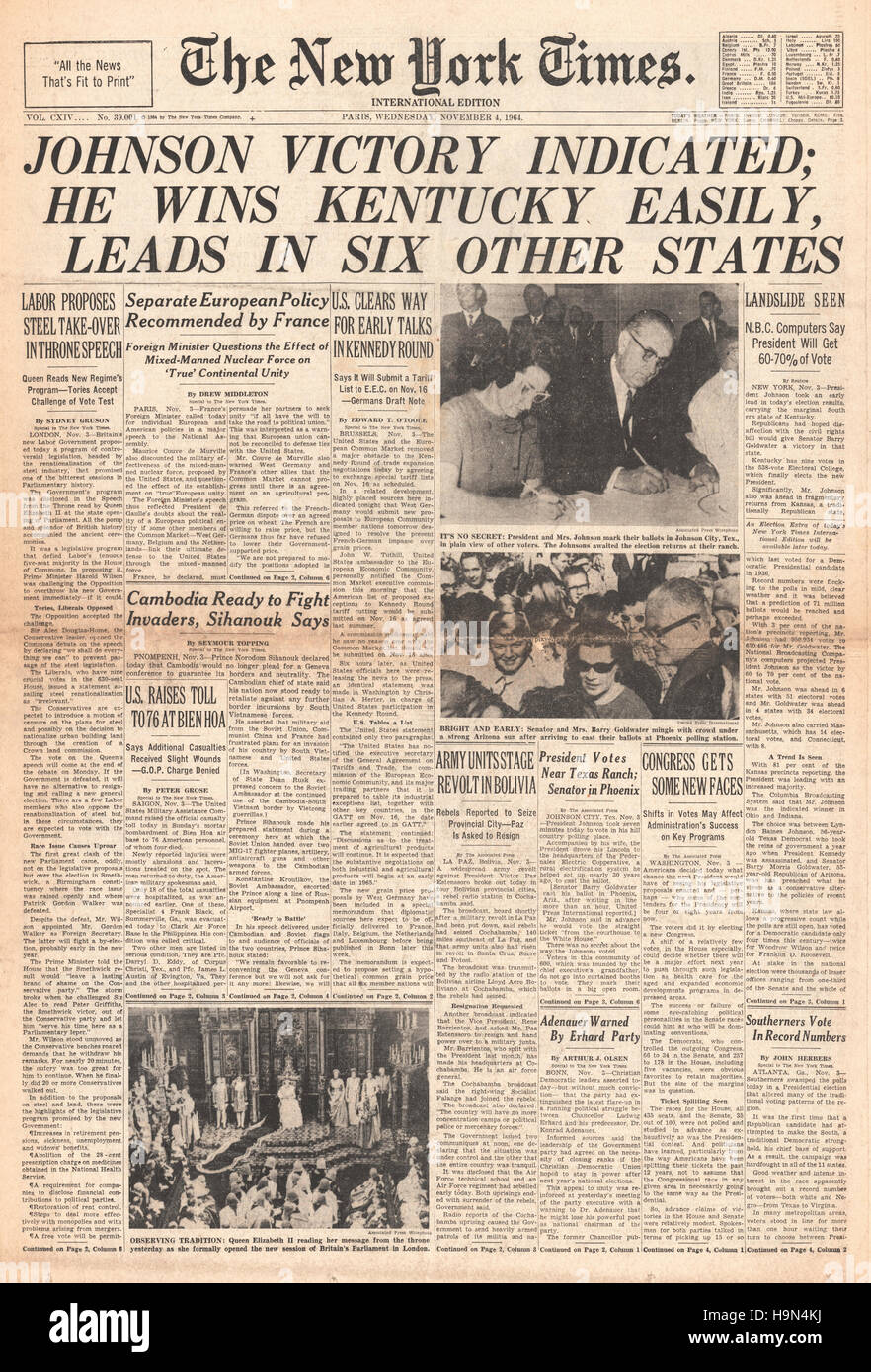 1964 New York Times Lyndon B Johnson elected 36th President of the United States Stock Photo