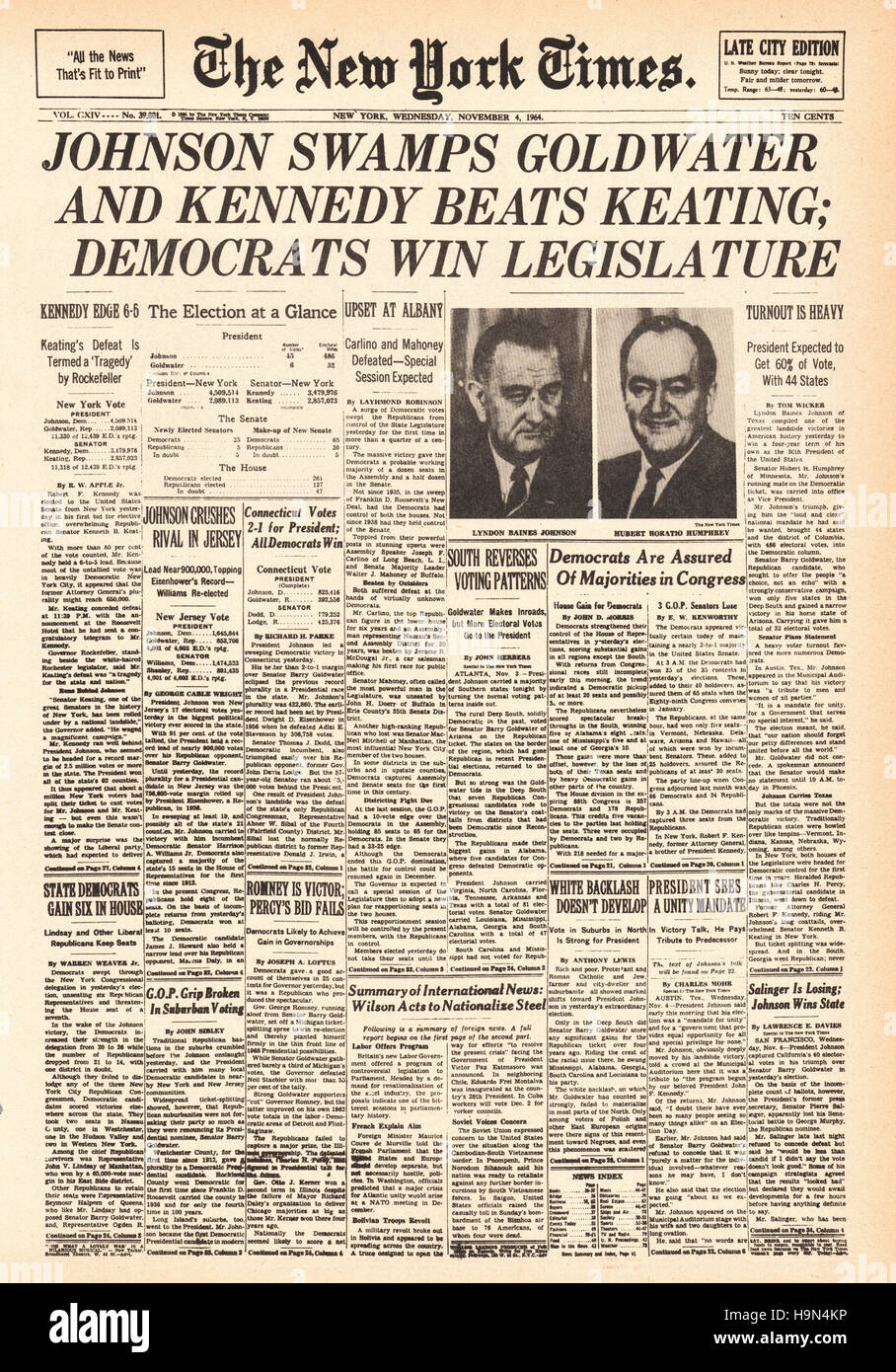 1964 New York Times Lyndon B Johnson elected 36th President of the United States Stock Photo