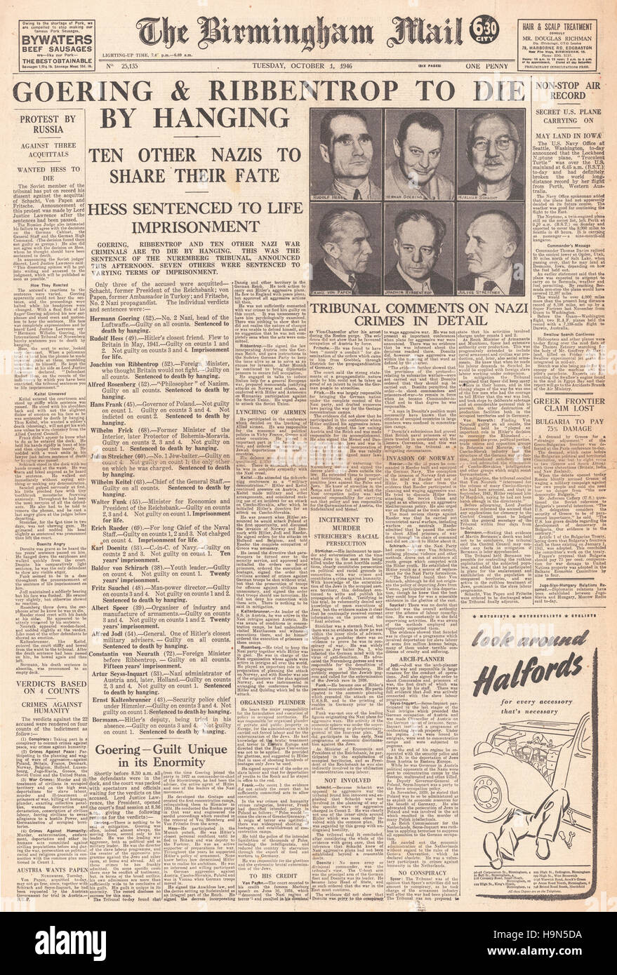 1946 Birmingham Mail front page Nazi leaders sentenced to death Stock Photo