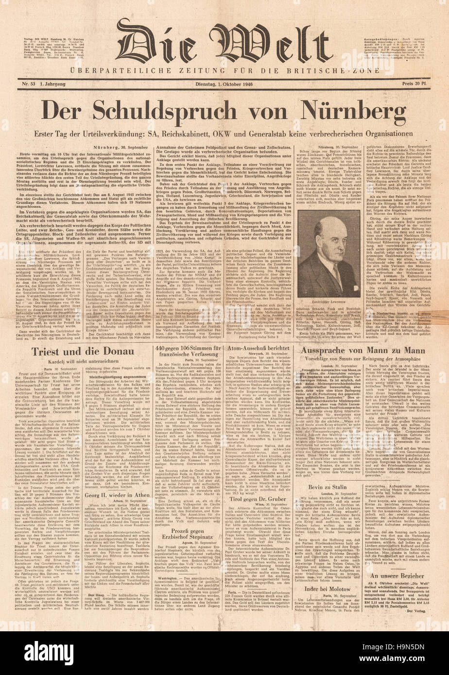 1946 Die Welt front page Nazi leaders sentenced to death Stock Photo