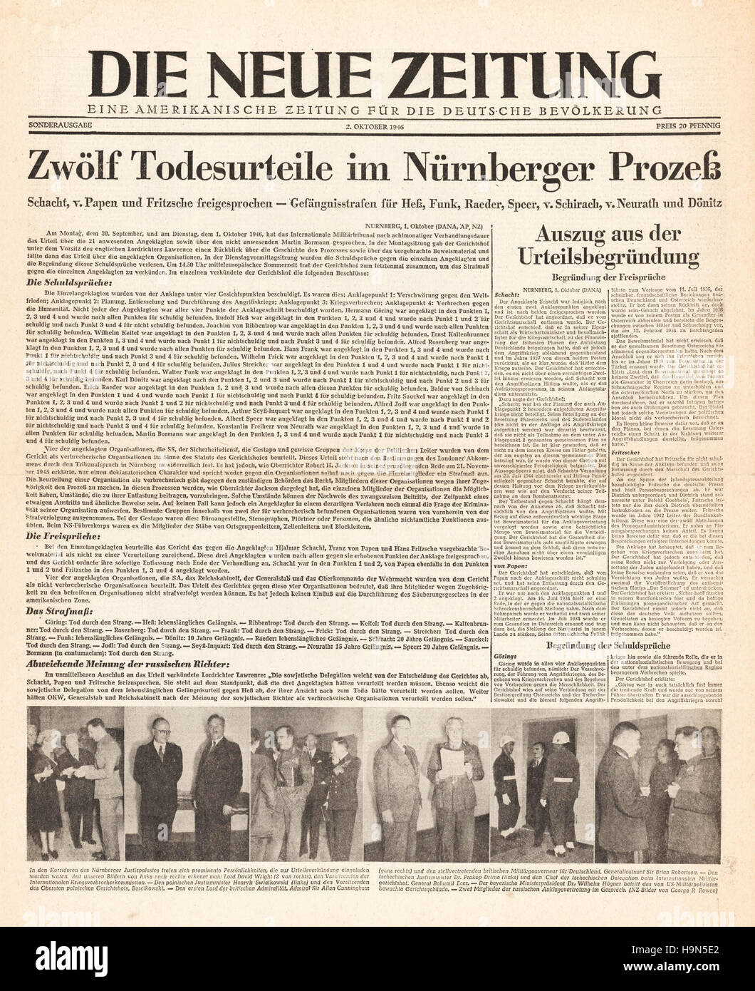 1946 Die Neue Zeitung front page Nazi leaders sentenced to death Stock Photo