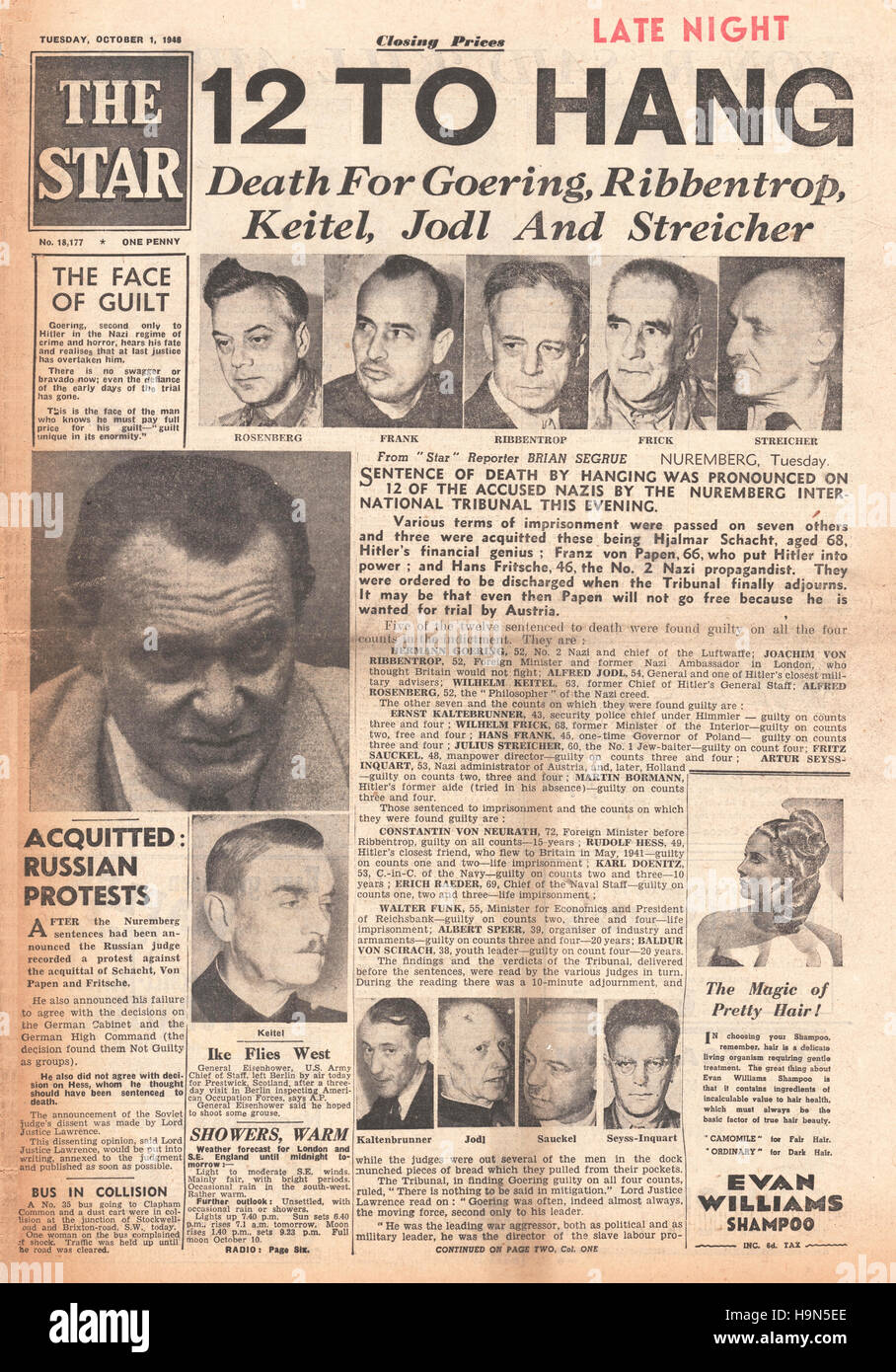 1946 The Star (London) front page Nazi leaders sentenced to death Stock Photo