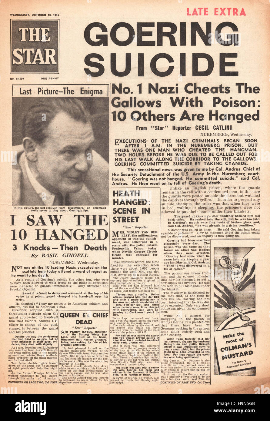 1946 The Star (London) front page 2nd Edition Herman Goering commits suicide Stock Photo