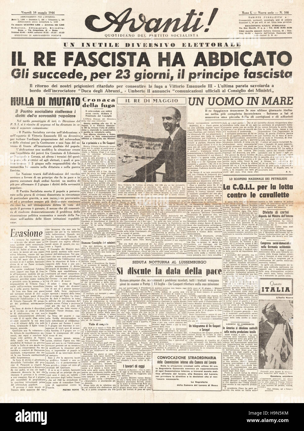 1946 Avanti front page Umberto II becomes King of Italy following the abdication of Victor Emmanuel III Stock Photo