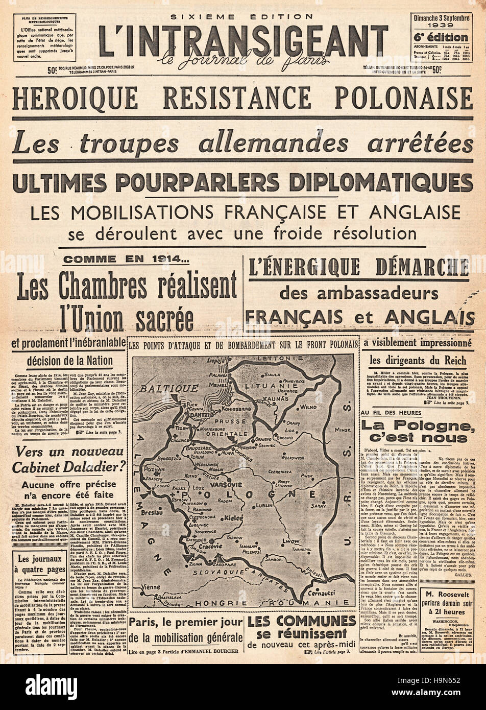 1939 L'intransigeant (France)  front page reporting the invasion of Poland by Nazi Germany Stock Photo