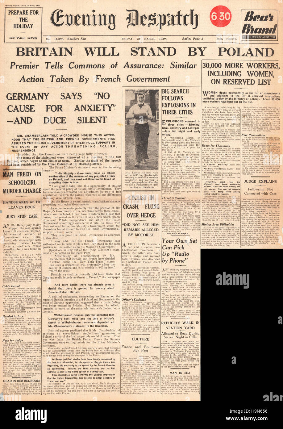 1939 Evening Despatch front page Britain to stand by Poland Stock Photo