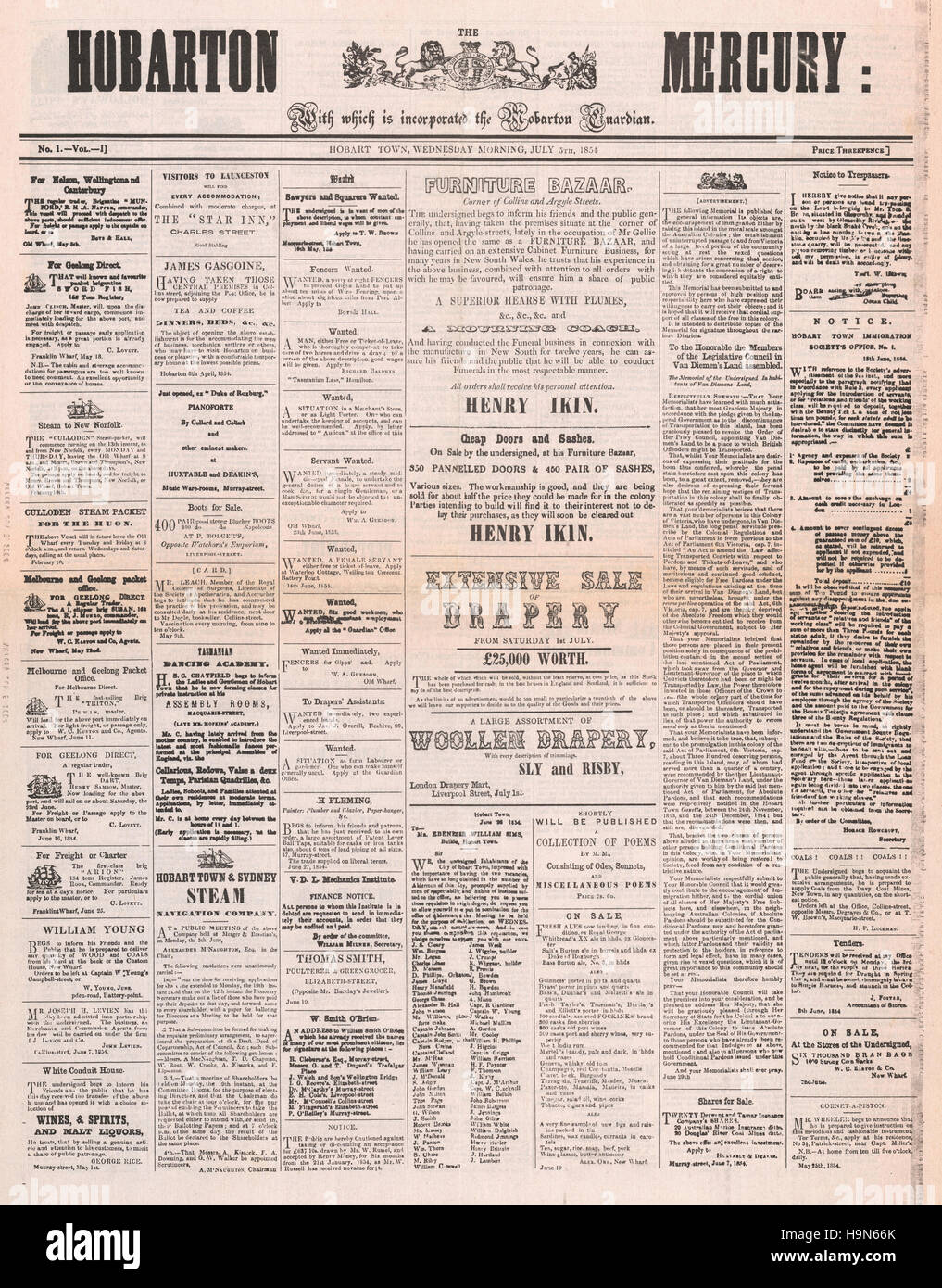 1854 Hobarton Mercury No. 1 Edition Stock Photo