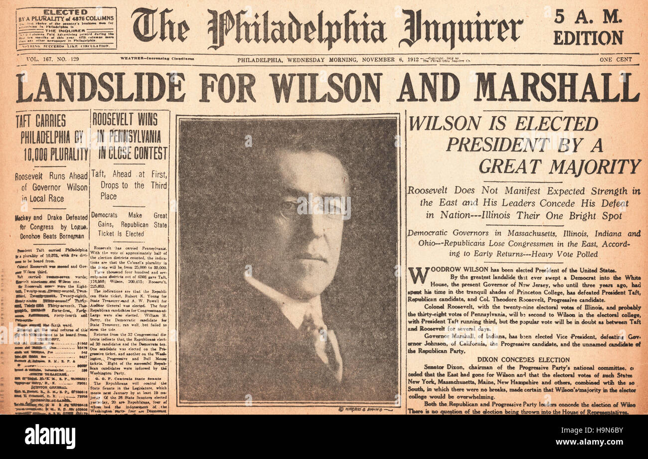 19012 Philadelphia Inquirer Woodrow Wilson elected 28th President of the United States Stock Photo