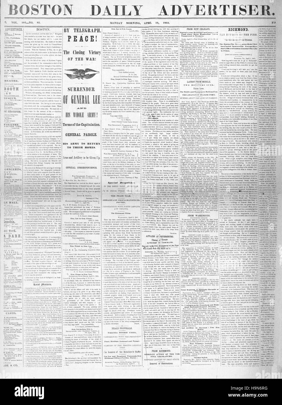 1865 Boston Daily front page Advertiser Surrender of General Lee brings an end to the American Civil War Stock Photo